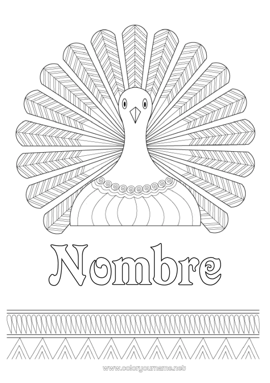 Dibujo para colorear para imprimir Thanksgiving Pavo real Zentangle Aves y mamíferos voladores Pavo de Acción de Gracias