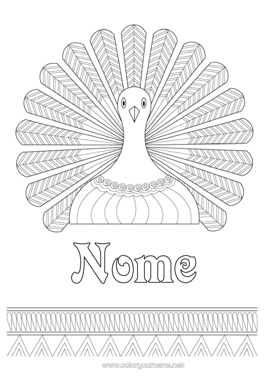 Pagina da colorare da stampare Thanksgiving Pavone Zentangle Uccelli e mammiferi volanti Tacchino del Ringraziamento