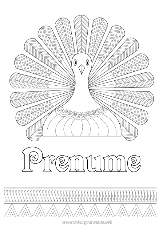 Pagină de colorat de imprimat Ziua Recunoștinței Păun Zentangle Păsări și mamifere zburătoare Curcan de Ziua Recunoștinței