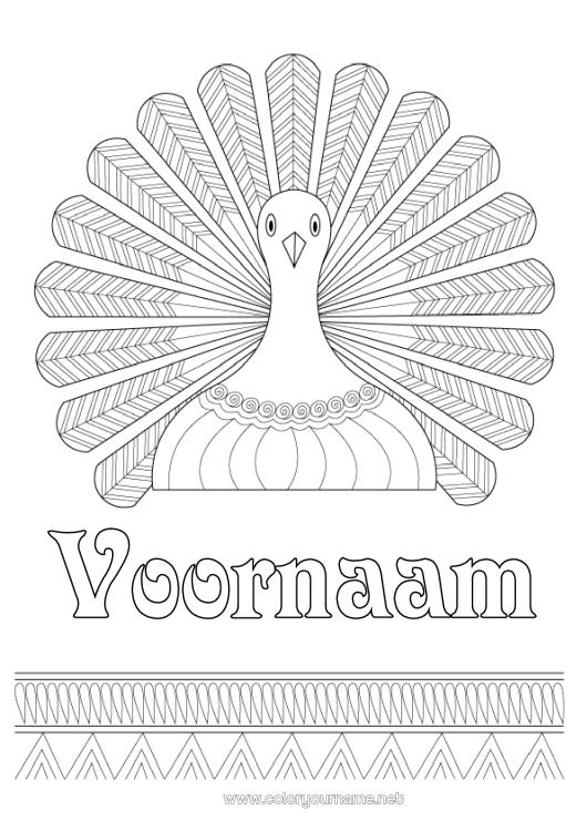 Kleurplaat om af te drukken Dankzegging Pauw Zentangle Vogels en vliegende zoogdieren Thanksgiving-kalkoen