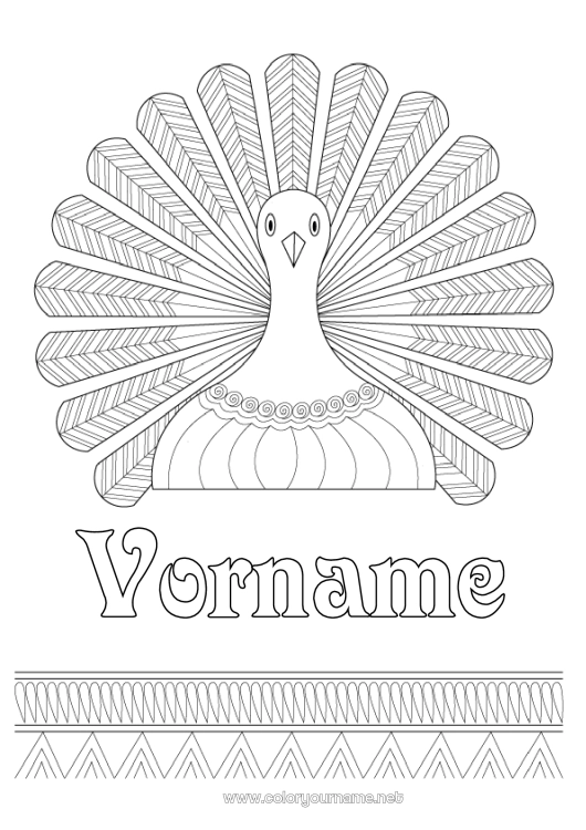 Malvorlage zum Ausdrucken Erntedankfest Pfau Zentangle Vögel und fliegende Säugetiere Thanksgiving-Truthahn