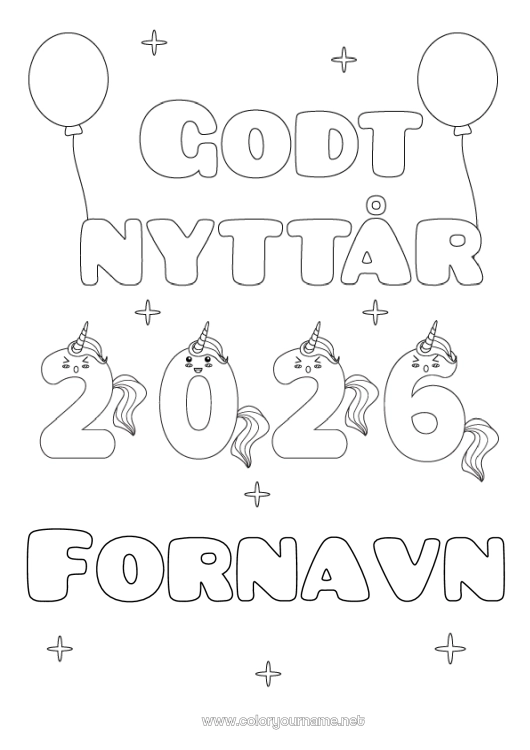 Fargeleggingssiden til utskrift Enhjørning Godt nyttår Drager, enhornede hester og fantastiske dyr 2026