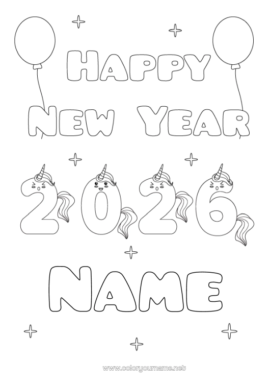 Coloring page to print Unicorn Happy new year Dragons, unicorns and fantastic animals 2026