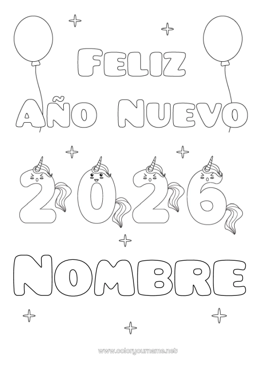 Dibujo para colorear para imprimir Unicornio Feliz año Dragones, unicornios y animales fantásticos 2026