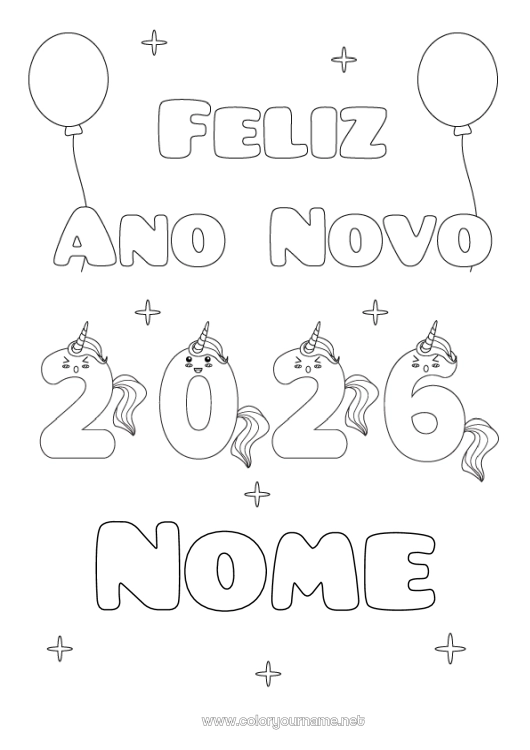 Página de desenho para imprimir Unicórnio Feliz Ano Novo Dragões, unicórnios e animais fantásticos 2026