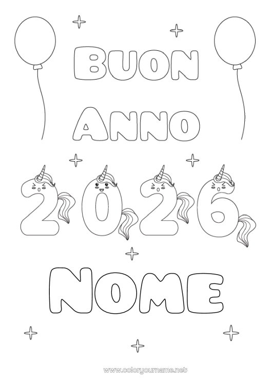 Pagina da colorare da stampare Unicorno Buon Anno Draghi, unicorni e animali fantastici 2026