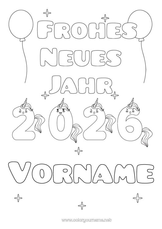 Malvorlage zum Ausdrucken Einhorn Frohes Neues Jahr Drachen, Einhörner und fantastische Tiere 2026
