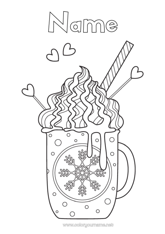 Colouring page to print Winter Food Mug Snowflakes Café Drink Treats, Sweets