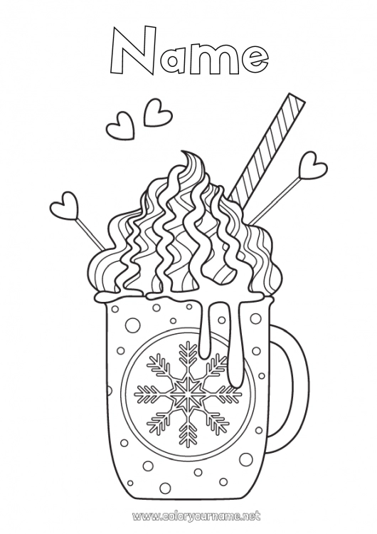 Coloring page to print Winter Food Mug Snowflakes Coffee Drinks Treats