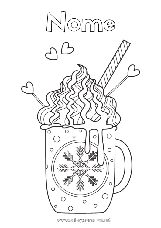 Página de desenho para imprimir Inverno Comida Caneca Flocos de neve Café Bebida Guloseimas, doces