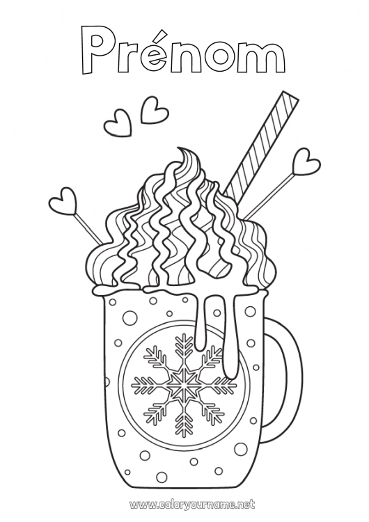 Coloriage à imprimer Hiver Nourriture Tasse Flocons de neige Café Boisson Gourmandises, sucreries