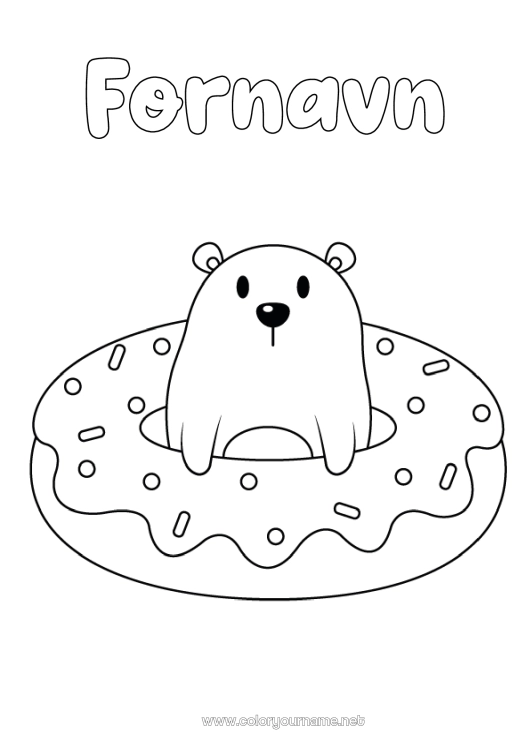 Farvelægningssiden til udskrivning Bjørn Kawaii Donuts Nem farvelægning Skovens dyr
