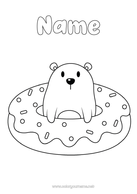 Coloring page to print Bear Kawaii Donuts Easy coloring pages Forest animals
