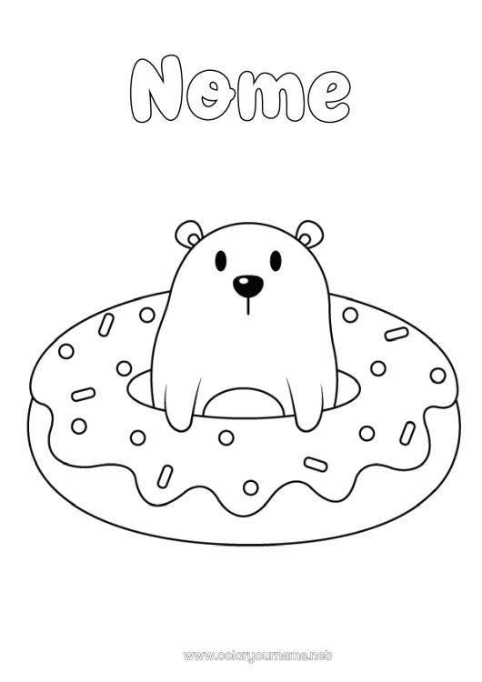Pagina da colorare da stampare Orso Kawaii Ciambelle Disegni da colorare facili Animali della foresta