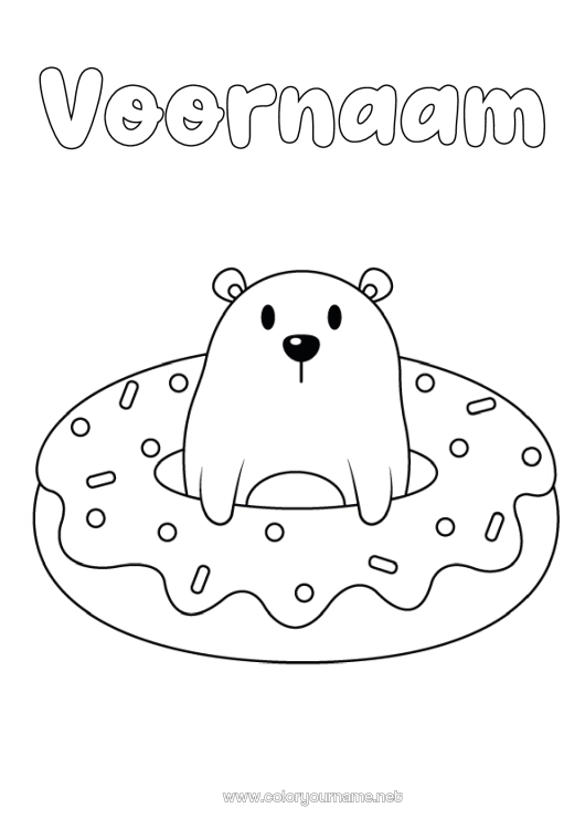 Kleurplaat om af te drukken Beer Kawaii Donuts Eenvoudige kleurplaten Bosdieren