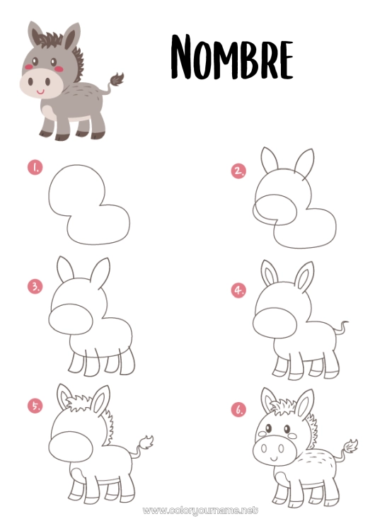 Dibujo para colorear para imprimir Actividades para niños Animales Animales de granja Burro Aprender a dibujar