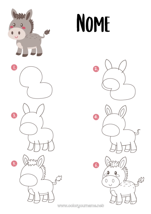 Página de desenho para imprimir Atividades para Crianças Animal Animais de fazenda Burro Aprender a desenhar