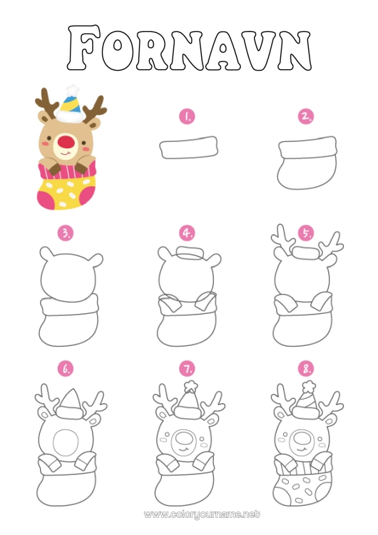 Farvelægningssiden til udskrivning Rensdyr Kawaii Børneaktiviteter Sokker Skovens dyr Julesok Lære at tegne