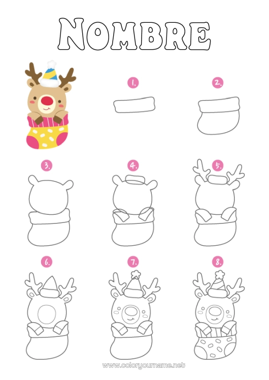Dibujo para colorear para imprimir Reno Kawaii Actividades para niños Calcetín Animales del bosque Calcetín de Navidad Aprender a dibujar