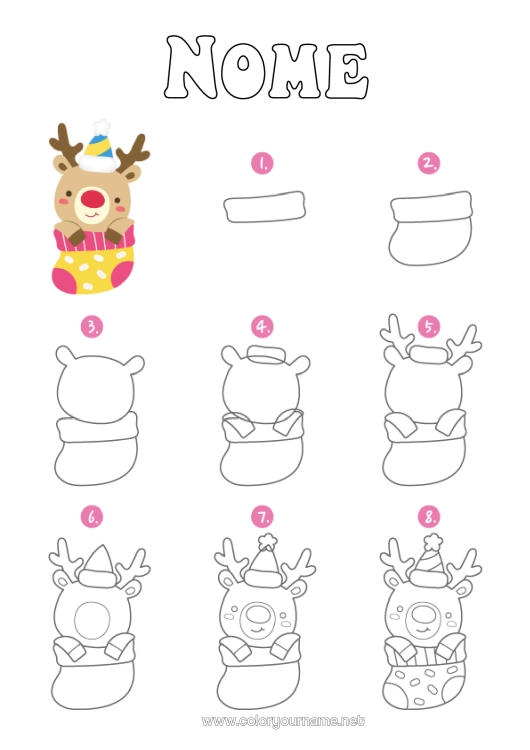 Página de desenho para imprimir Rena Kawaii Atividades para Crianças Meia Animais da floresta Meia de Natal Aprender a desenhar