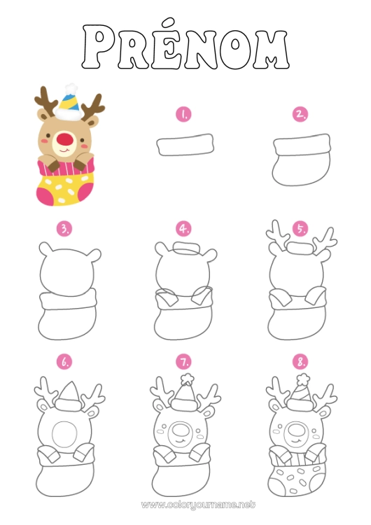 Coloriage à imprimer Renne Kawaii Activités enfants Chaussette Animaux de la forêt Chaussette de Noël Apprendre à dessiner