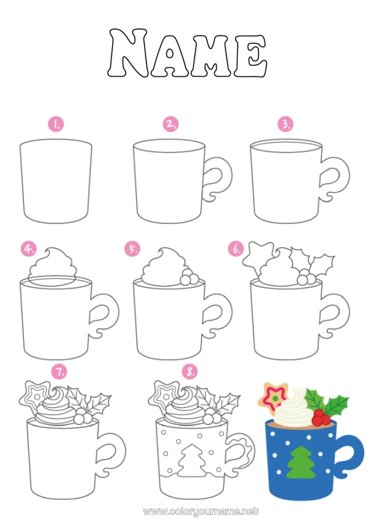 Coloring page to print Christmas Mug Children's activities Coffee Tea Drinks Learn to draw