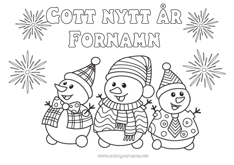 Färgläggningssida att skriva ut Snögubbe Gott nytt år Fyrverkeri Meddelande