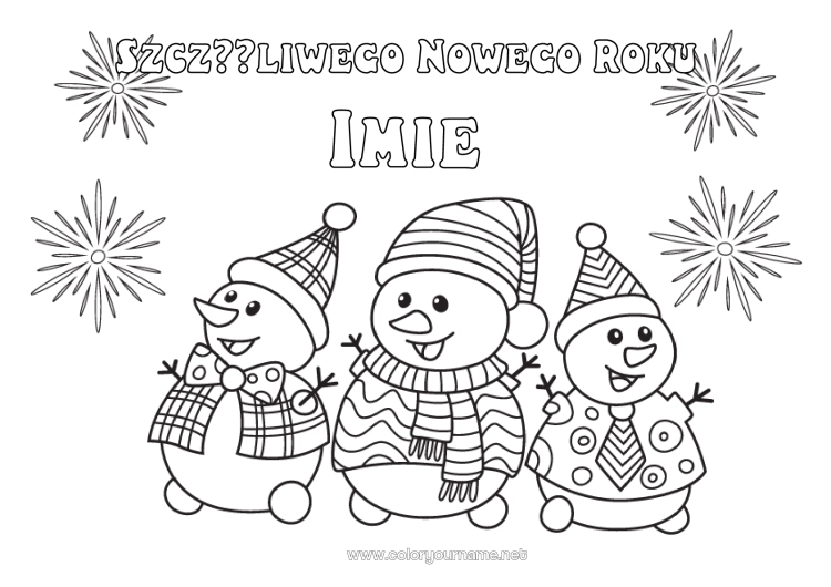 Kolorowanka do wydruku Bałwanek Szczęśliwego Nowego Roku! Fajerwerki Wiadomość 