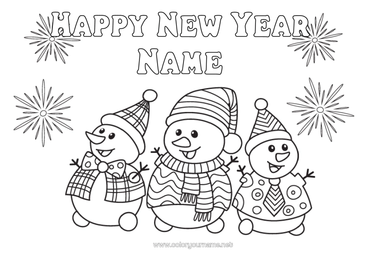 Coloring page to print Snowman Happy new year Firework