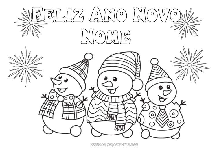 Página de desenho para imprimir Boneco de neve Feliz Ano Novo Fogos de artifício Mensagem de