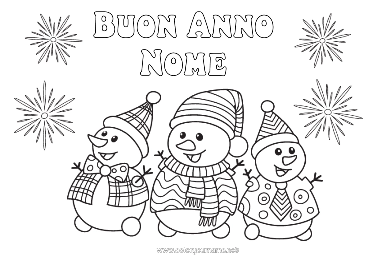 Pagina da colorare da stampare Pupazzo di neve Buon Anno Fuochi d'artificio Messaggio