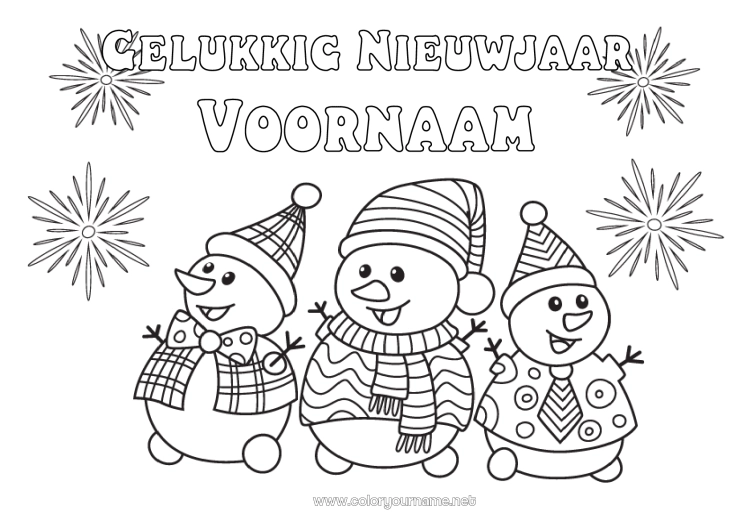 Kleurplaat om af te drukken Sneeuwpop Gelukkig Nieuwjaar Vuurwerk Nieuwjaarsboodschap
