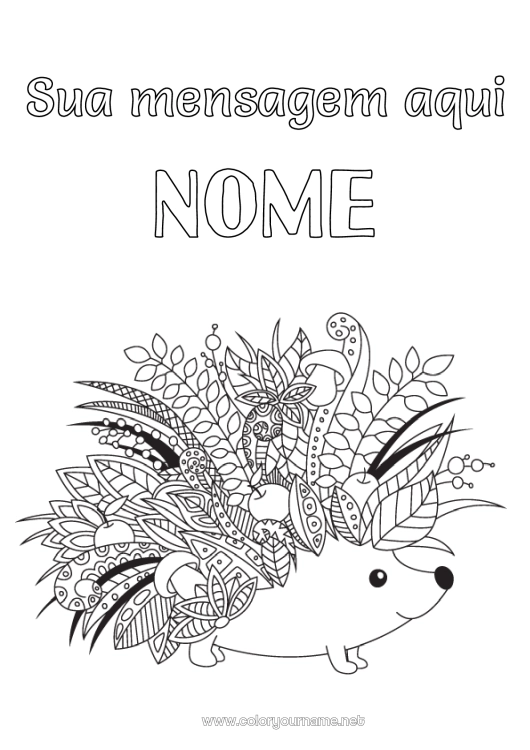Página de desenho para imprimir Ouriço Outono Animal Folhas Zentangle Animais da floresta