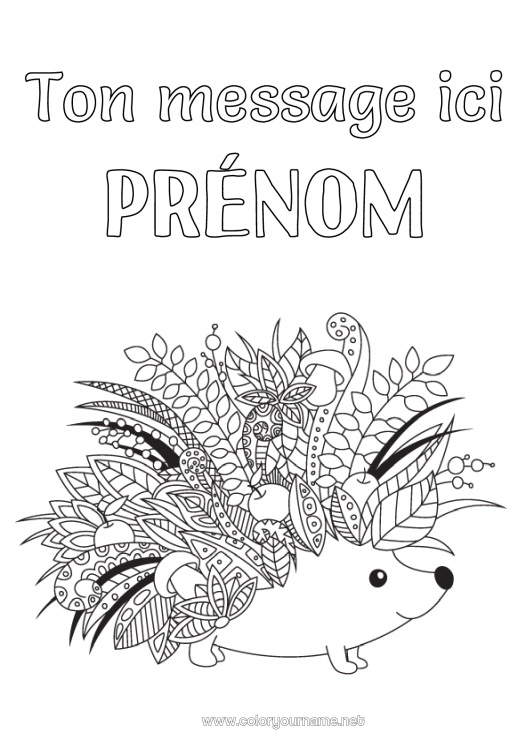 Coloriage à imprimer Hérisson Automne Animal Feuilles Zentangle Animaux de la forêt