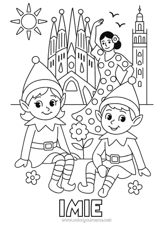 Kolorowanka do wydruku Świąteczne skrzaty Kolorowanki dla skrzatów Hiszpania Podróż Świątecznego Elfa Barcelona Kilku psotnych elfów Kolorowanka Psotne Skrzaty Podróżnicy