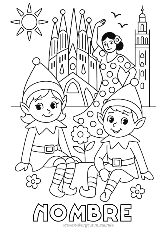 Dibujo para colorear para imprimir Elfos de navidad Dibujos de Elfos para colorear España Viaje del duende navideño Barcelona Varios duendes traviesos 🇪🇸 Duendes de Navidad Viajeros