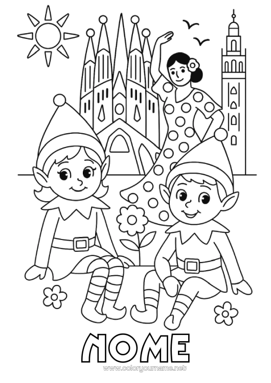 Página de desenho para imprimir Elfo de Natal Páginas para colorir de elfos Espanha Viagem do Elfo de Natal Barcelona Vários duendes travessos Duendes de Natal Viajantes