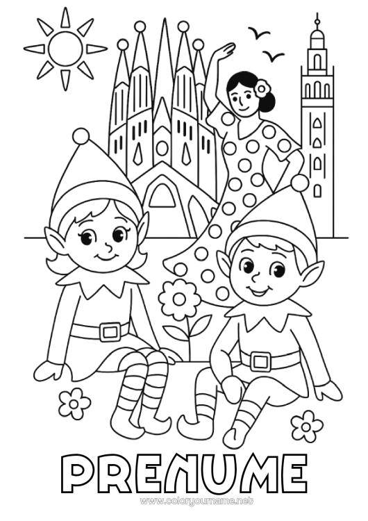 Pagină de colorat de imprimat Moșneguții de Crăciun Desene de colorat cu spiriduși Spania Călătoria elfului de Crăciun Barcelone Mai mulți spiriduși poznași Desen de colorat pentru Păcălici Călători