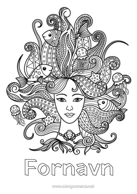 Fargeleggingssiden til utskrift Fisk Zentangle Stjernetegn Marin eller akvatisk dyr Hår og frisyrer Stjernetegn