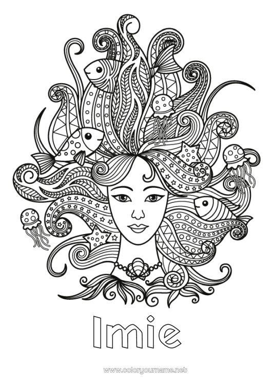 Kolorowanka do wydruku Ryba Zentangle Znak zodiaku Zwierzęta morskie lub wodne Włosy i fryzury Znaki zodiaku