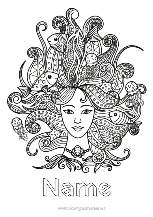 Coloring page to print Fish Zentangle Astrological sign Marine or aquatic animals Hair and hairstyles Zodiac signs