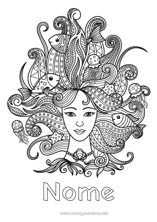 Pagina da colorare da stampare Pesce Zentangle Segno zodiacale Animali marini o acquatici Capelli e acconciature Segni zodiacali