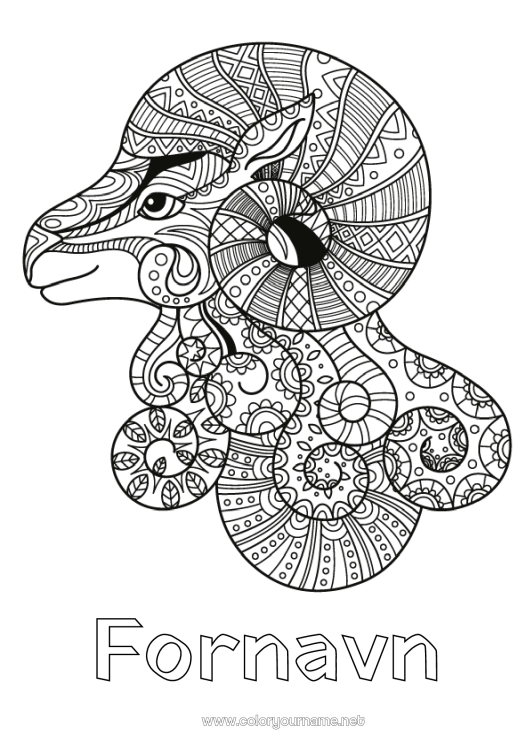 Fargeleggingssiden til utskrift Dyr Zentangle Stjernetegn Gårdsdyr Stjernetegn Væren