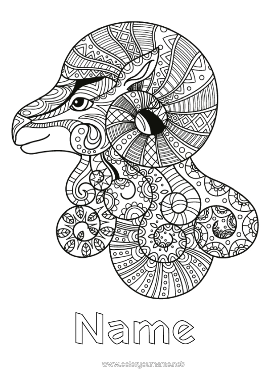 Coloring page to print Animal Zentangle Astrological sign Farm animals Zodiac signs Aries