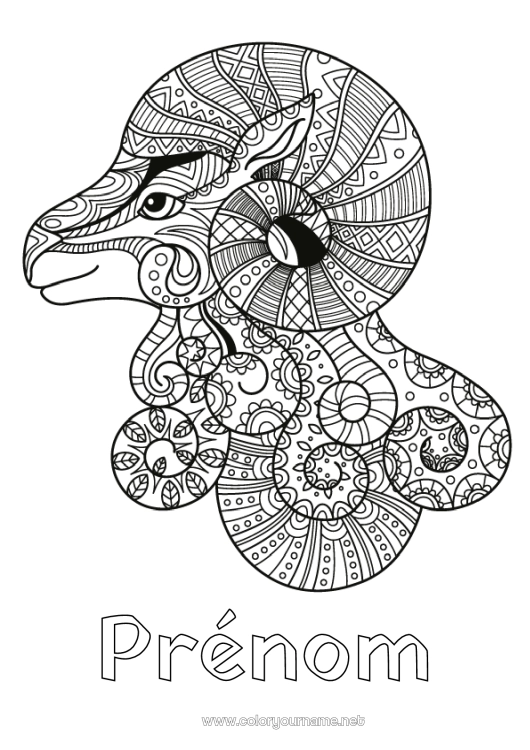 Coloriage à imprimer Animal Zentangle Signe astrologique Animaux de la ferme Signes du zodiaque Bélier