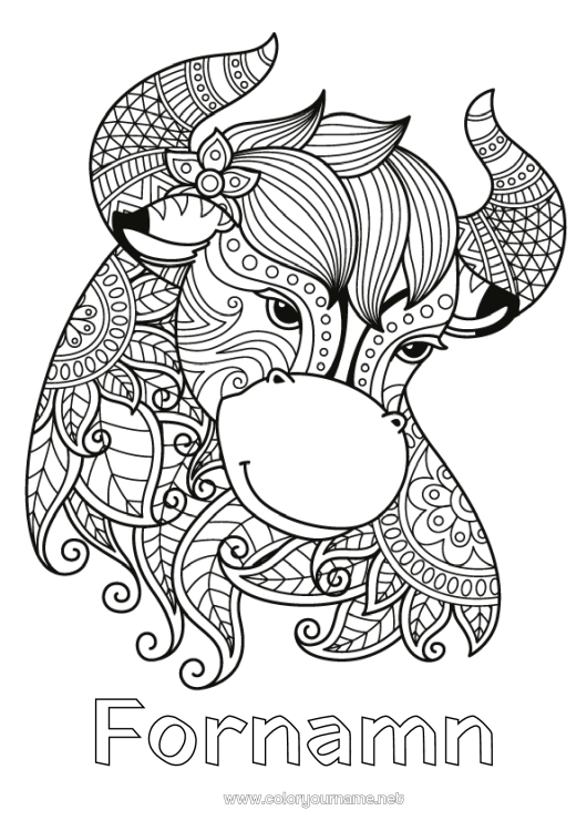 Färgläggningssida att skriva ut Djur Zentangle Stjärntecken Gårdsdjur Stjärntecken Tjur