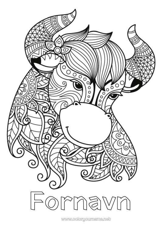 Fargeleggingssiden til utskrift Dyr Zentangle Stjernetegn Gårdsdyr Stjernetegn Taurus
