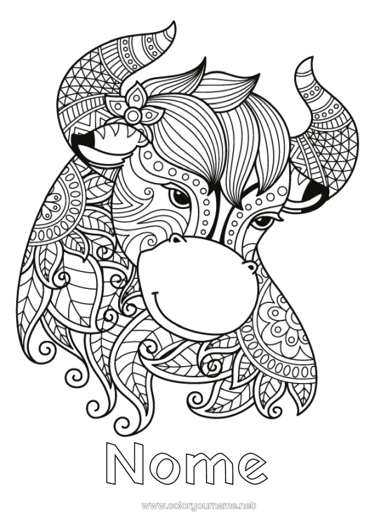 Página de desenho para imprimir Animal Zentangle Signo astrológico Animais de fazenda Signos do zodíaco Touro