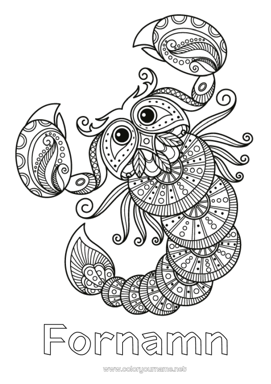 Färgläggningssida att skriva ut Djur Zentangle Stjärntecken Afrikas vilda djur Skorpion Stjärntecken