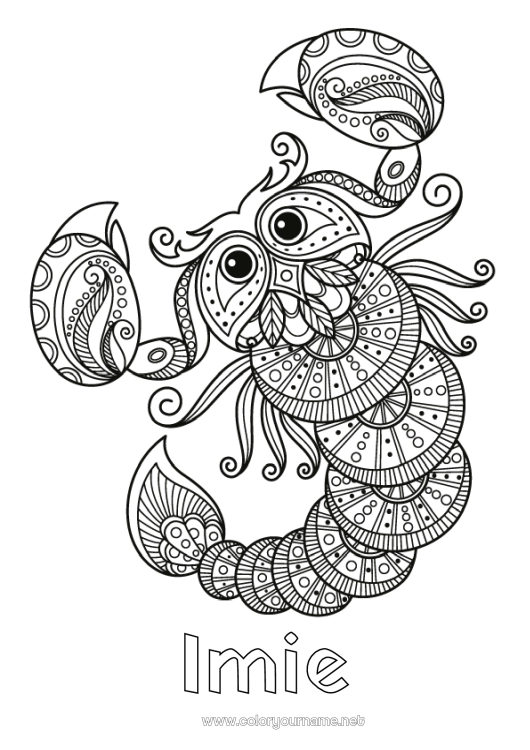 Kolorowanka do wydruku Zwierzę Zentangle Znak zodiaku Dzikie zwierzęta Afryki Skorpion Znaki zodiaku